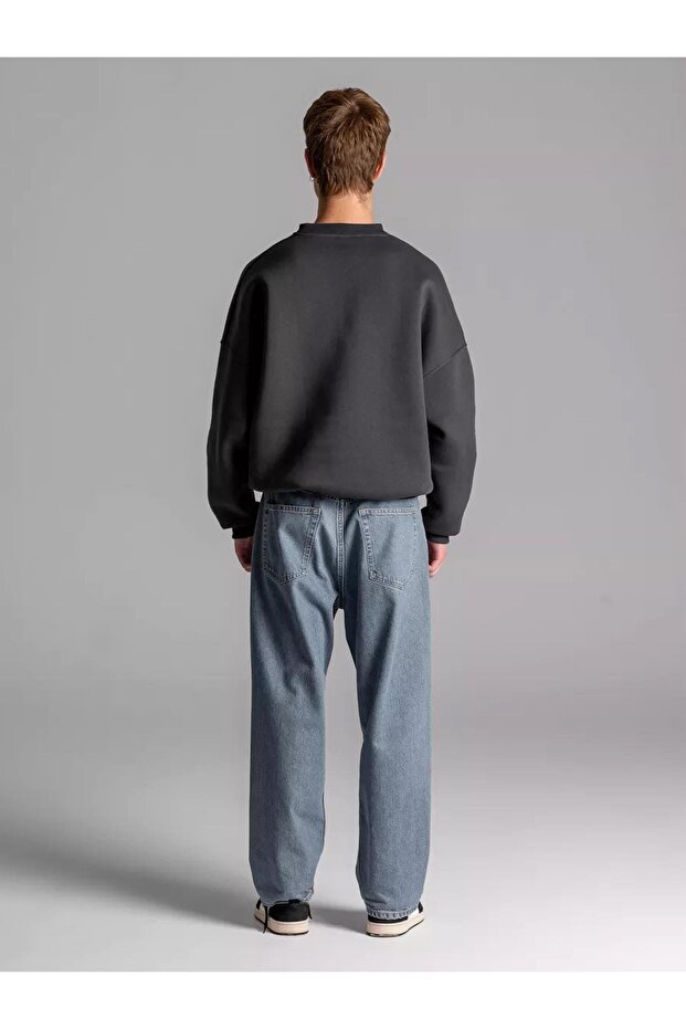 Unisex Basic Bisiklet Yaka Sweatshirt Antrasit - 4