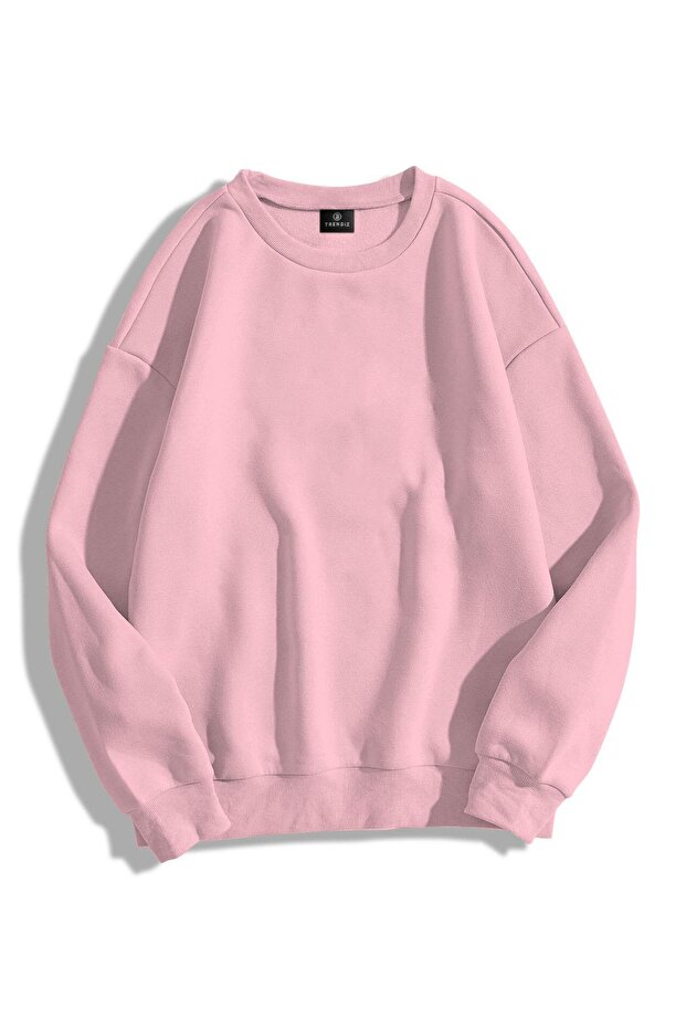 Unisex Basic Bisiklet Yaka Sweatshirt Pembe - 1