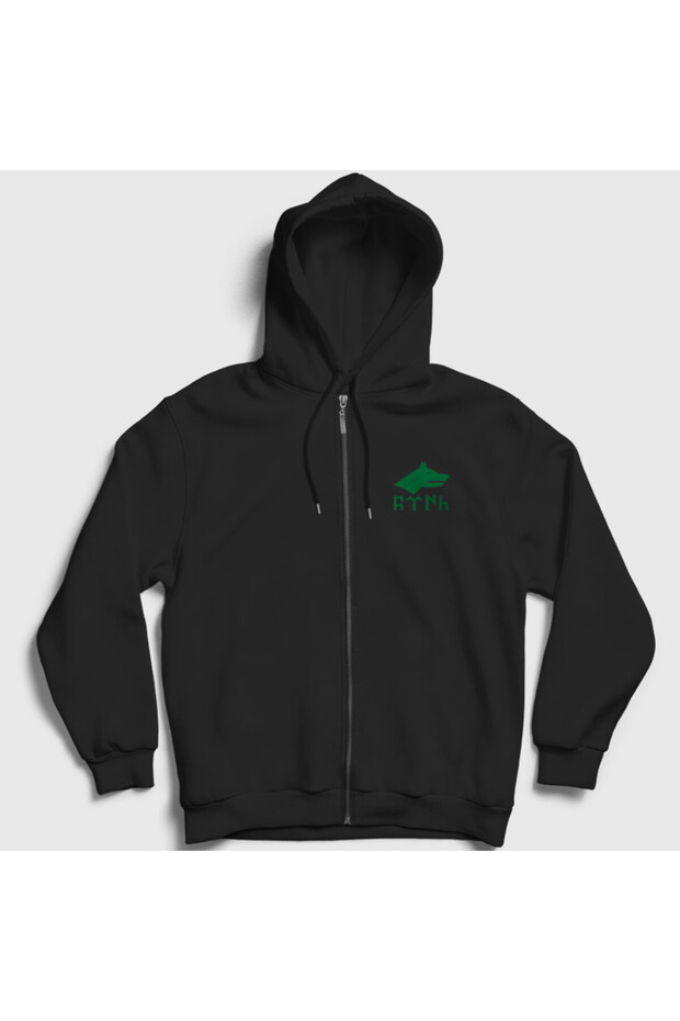 Unisex Black Turkish Flag with Turkish Writing Wolf Bozkurt Zippered Hooded Sweatshirt 475047Tt