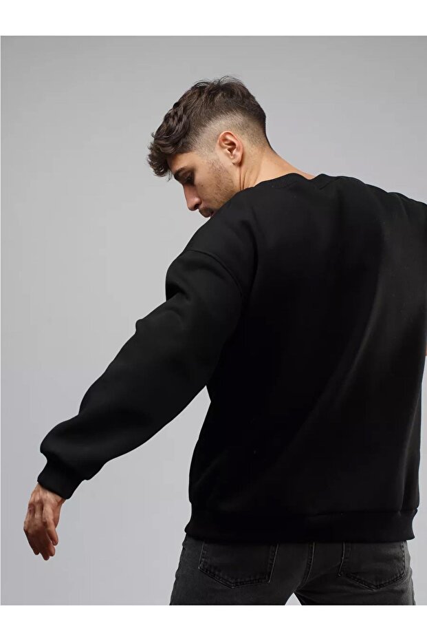 سويت شيرت أسود برقبة دائرية للجنسين - موديل أساسي - 3