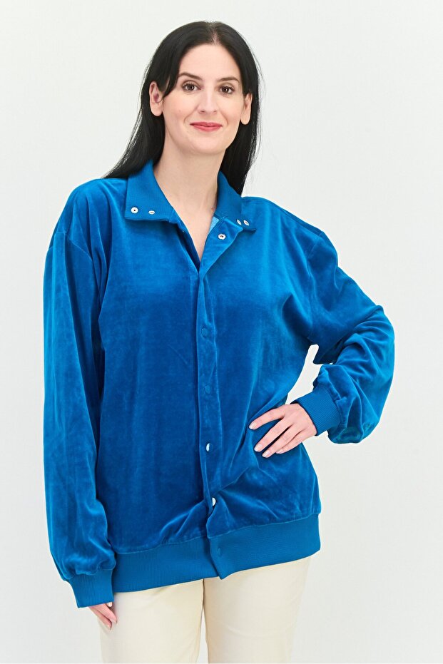 Women Spread Collar Long Sleeves Solid Sweatshirt, Blue