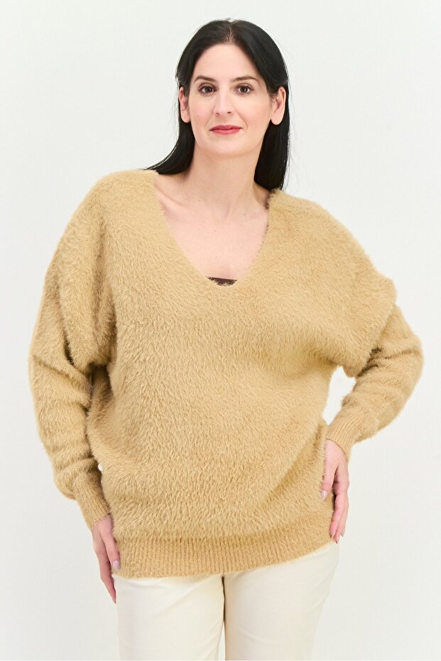 Women V Neck Knitted Sweater, Tan