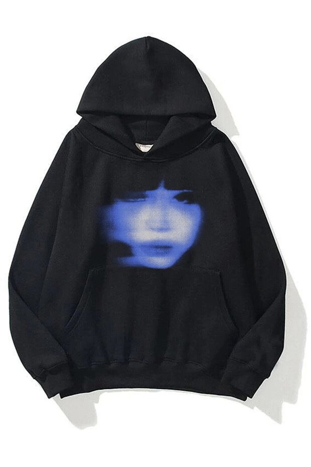 Unisex Girl Face Sweatshirt Hoodie Black