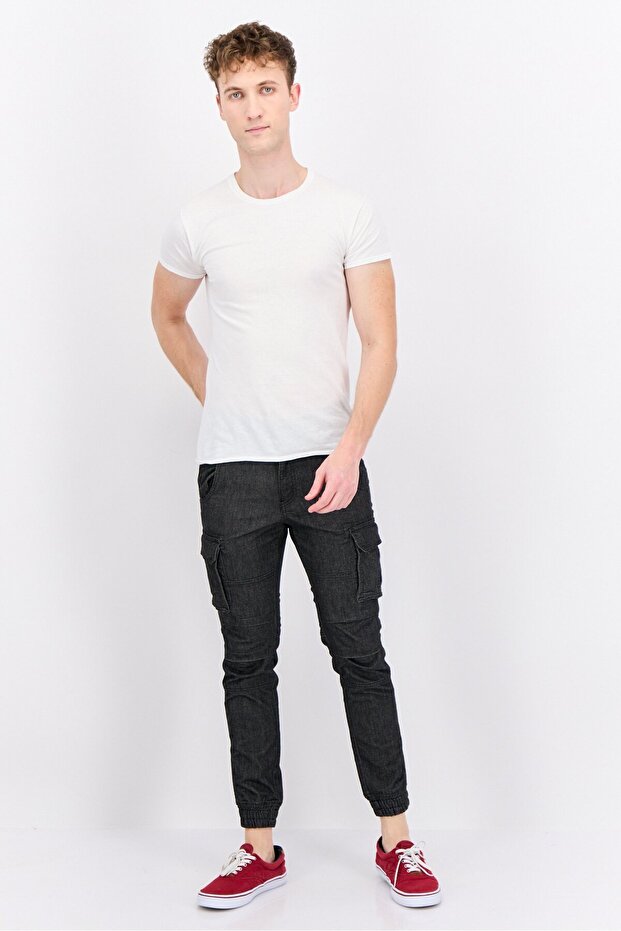 Men Regular Fit Solid Stretchable Cargo Pants, Black - 4