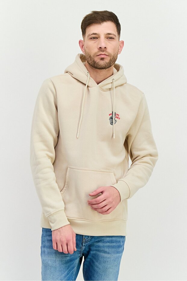 Men Embroidered Logo Long Sleeves Hoodie, Beige