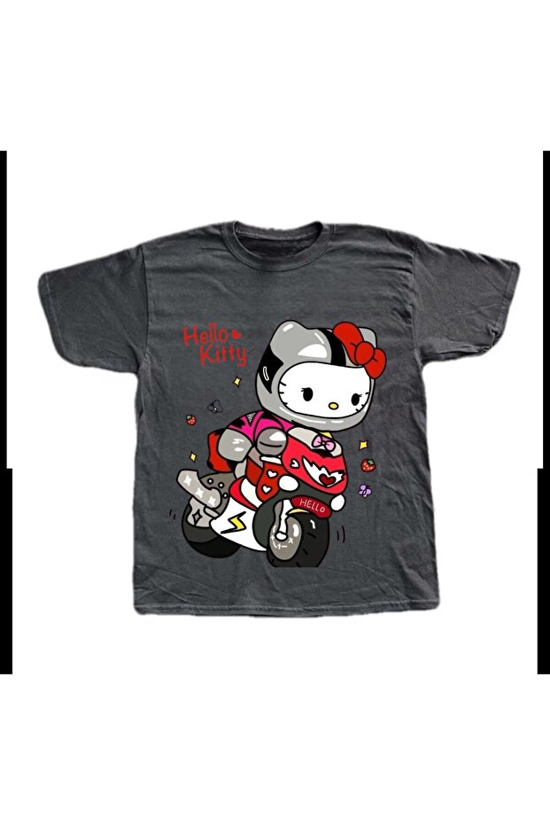 Kitty Red Ribbon Motorcycle Printed Smoked Unisex T-Shirt - Mingalondon