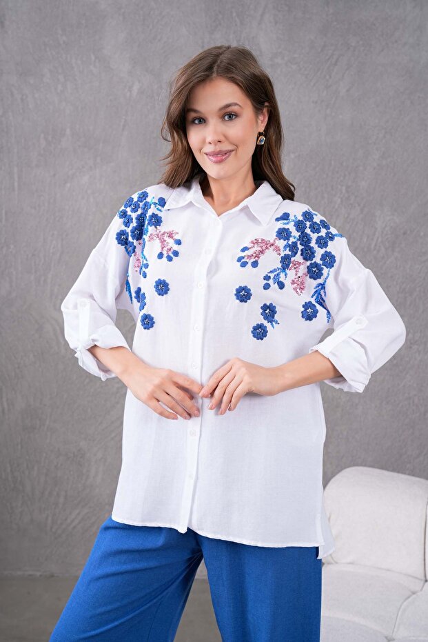 Women's Floral Patterned Embroidered Stone Detailed Linen Shirt