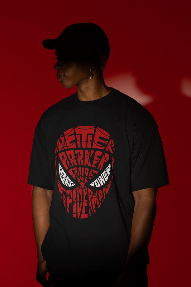 Örümcek Adam Peter Parker Baskılı Marvel 1 Oversize Unisex Siyah Tshirt - 1