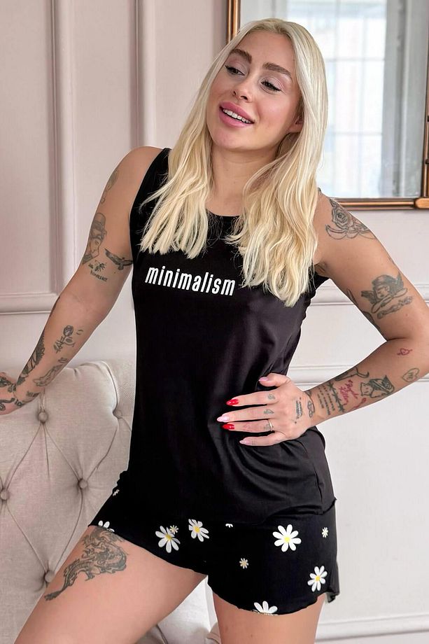 Siyah Minimalism Desenli Bambu Sıfır Kol Şortlu Kadın Pijama Takımı - 1