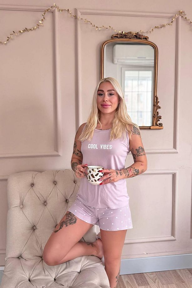 Lila Cool Vibes Desenli Bambu Sıfır Kol Şortlu Kadın Pijama Takımı - 5