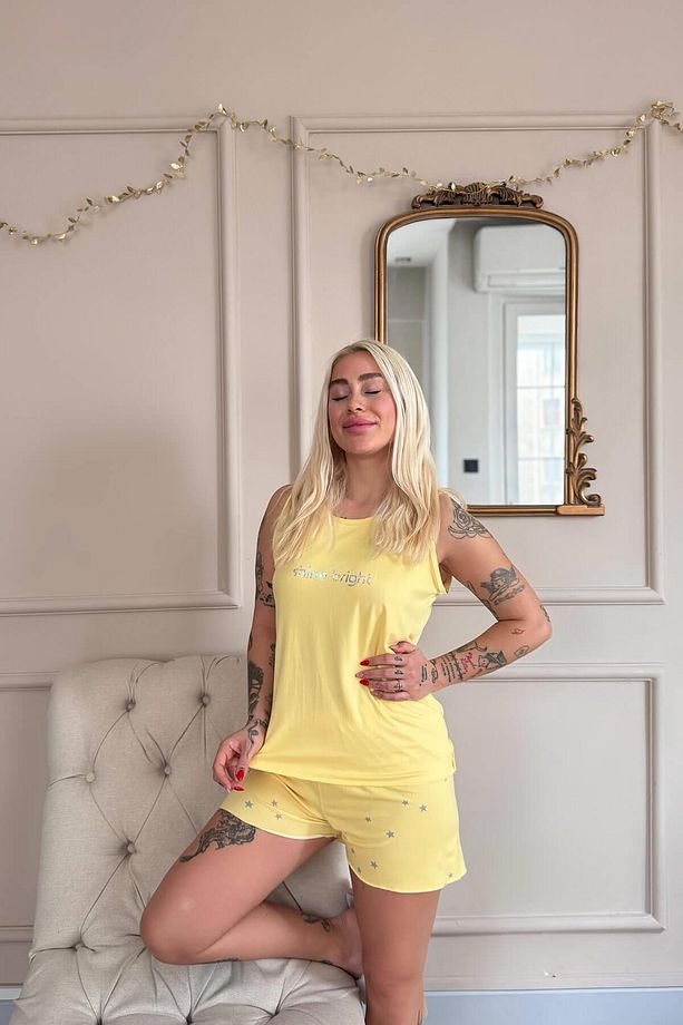 Sarı Shine Desenli Bambu Sıfır Kol Şortlu Kadın Pijama Takımı - 5