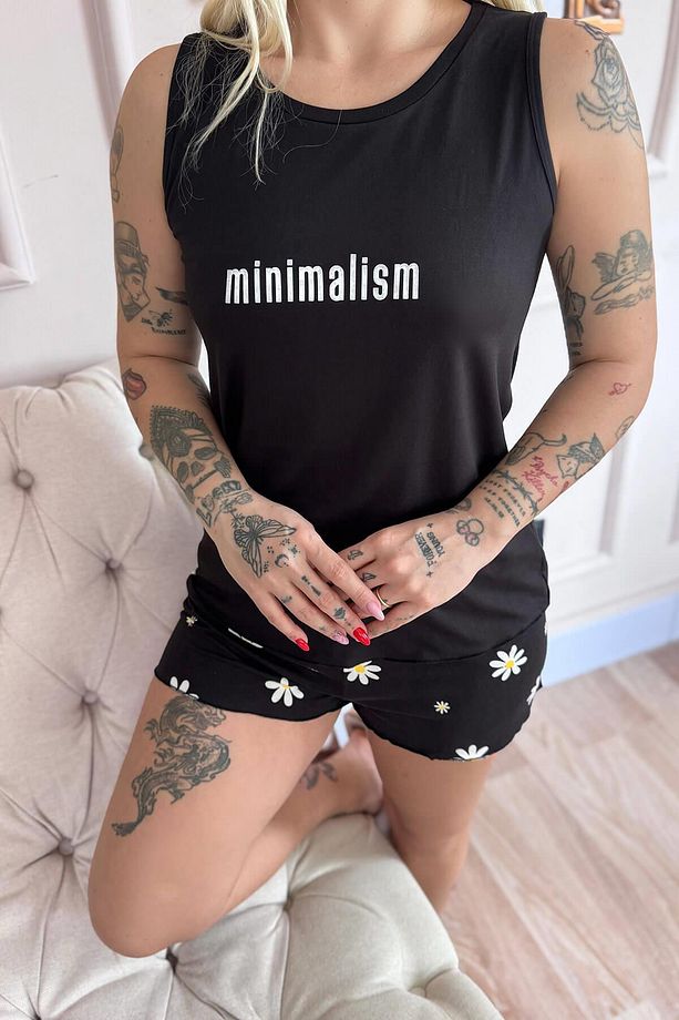 Siyah Minimalism Desenli Bambu Sıfır Kol Şortlu Kadın Pijama Takımı - 6