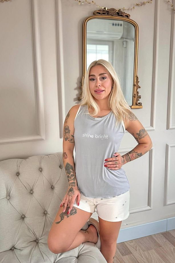 Gri Shine Desenli Bambu Sıfır Kol Şortlu Kadın Pijama Takımı - 4