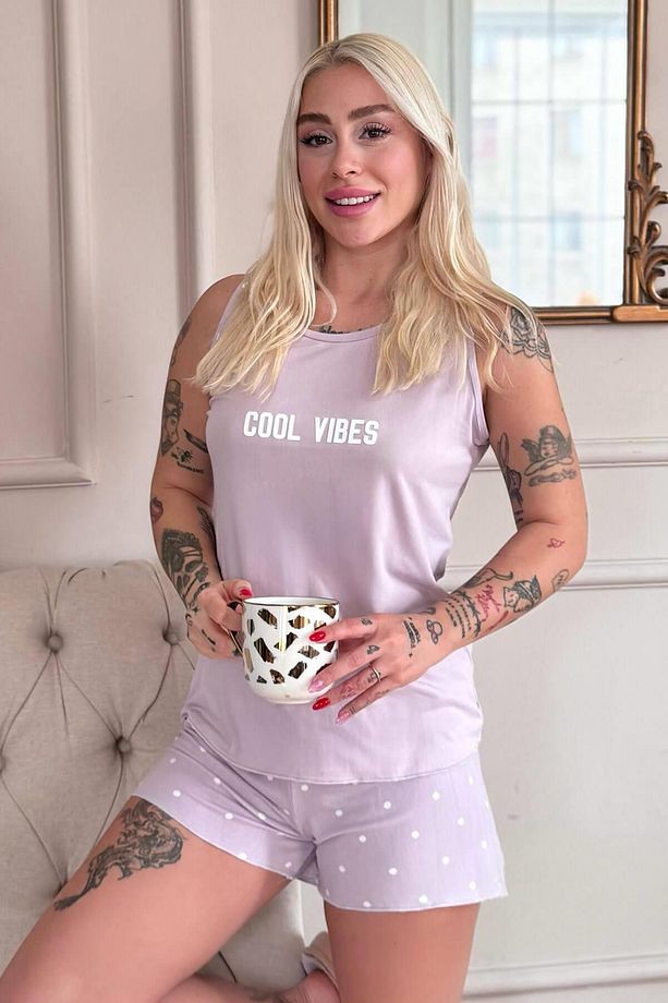Lila Cool Vibes Desenli Bambu Sıfır Kol Şortlu Kadın Pijama Takımı - 1