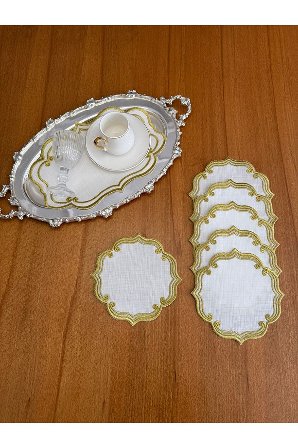 6 Adet Keten Gold Renk Sarmaşık Desenli Sunum Peçetesi &1 Adet Sarmaşık Desenli Tepsi Örtüsü - 2