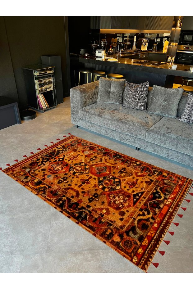 Royal Mixed Abstract Ancient Shapes Patterned Tassel Detailed Woven Base Decorative Carpet Royal30
