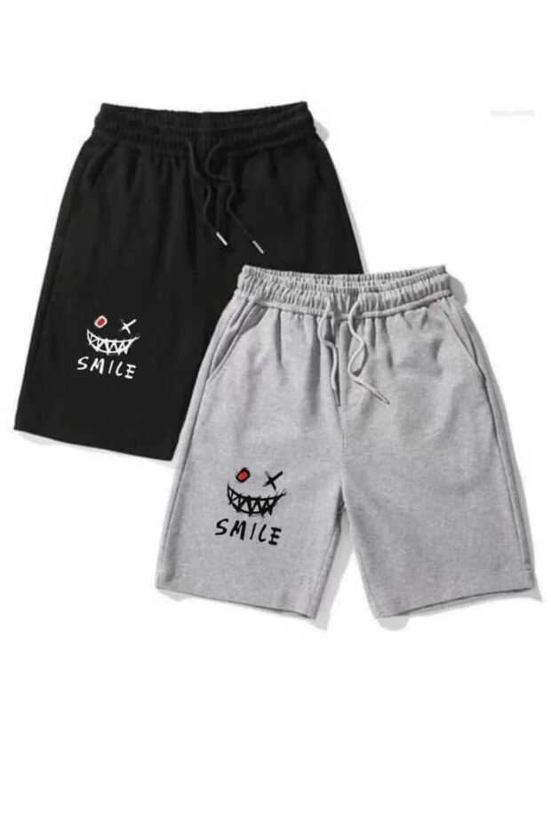 Double Men's Shorts Gray Black Bermuda Sports Shorts Smile Printed