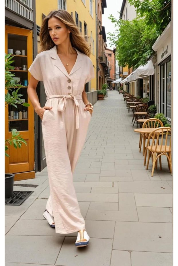 Women's Stone Short Sleeve Loose Wide Leg Pocket Belted Casual Jumpsuit 3405430