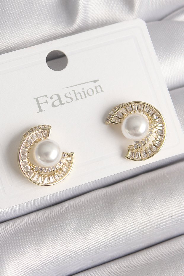 Brass Gold Color Zircon Stone Snail Model Pearl Detail Women's Earrings - Lisinya