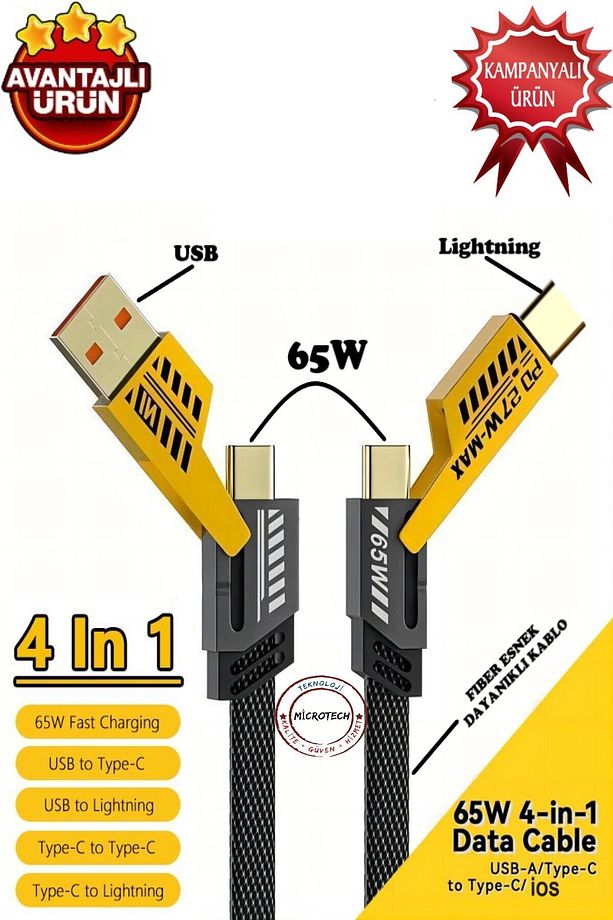 4in1 ultra kaliteli 65w/27w (İphone 8-10-12-13-14-15-16/Android/tablet/Notebook)Uyumlu Şarj Kablosu - 1