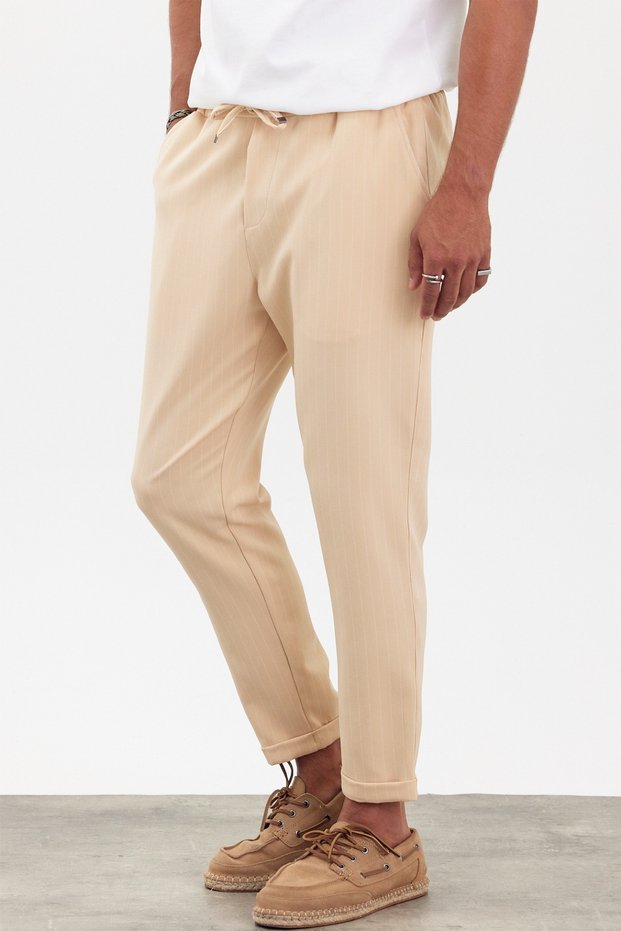 New Season Men's Boyfriend Style Elastic Waist Double Leg Striped Beige Trousers Mz22033