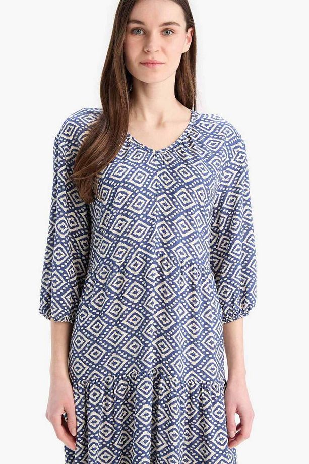 Yeni Sezon Regular Fit Desenli V Yaka Uzun Kollu Maxi Elbise - 4
