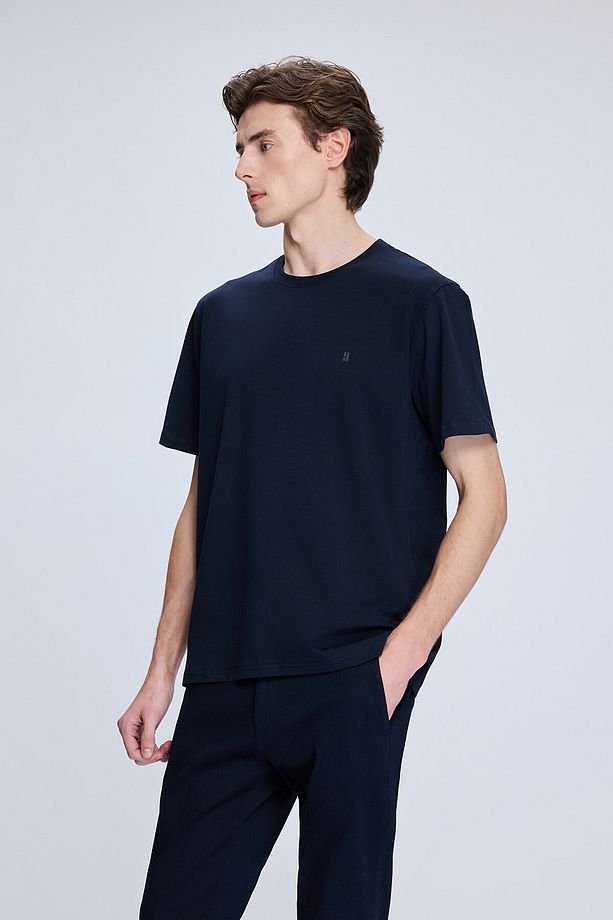 Lacivert Regular Fit Bisiklet Yaka Pamuklu Triko Tişört - 3