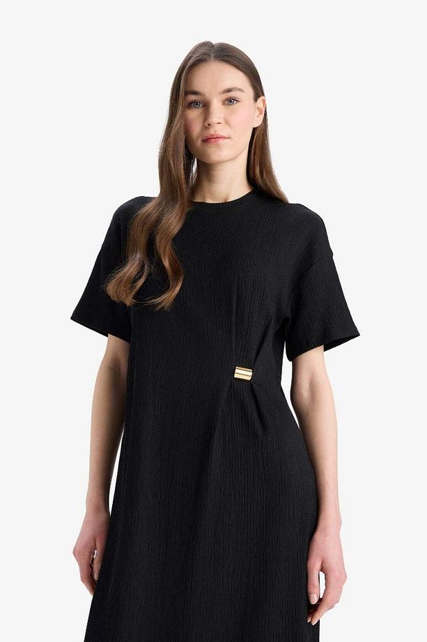 Regular Fit Bisiklet Yaka Basic Düz Bürümcük Kısa Kollu Midi Yazlık Elbise E7330ax25sm - 4
