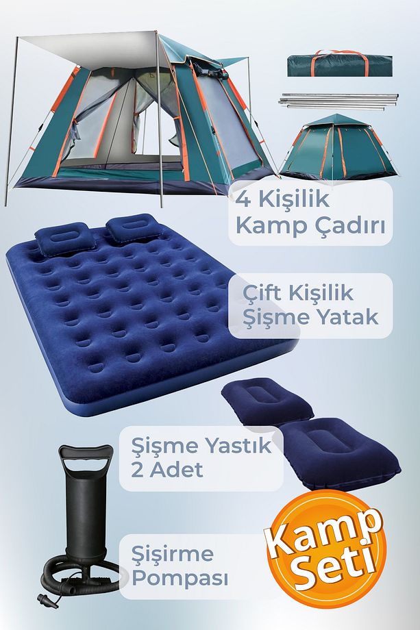 Kamp Seti 4 Kişilik Kamp Çadırı Çift Kişilik Yatak Yastık Pompa - 1