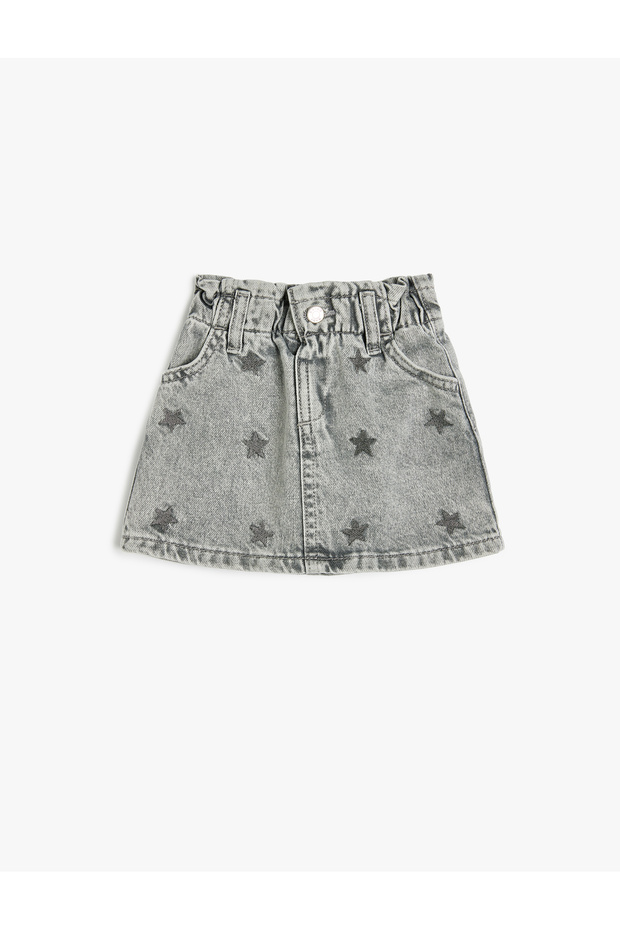 Cotton Star Patterned Denim Mini Skirt with Elastic Waist