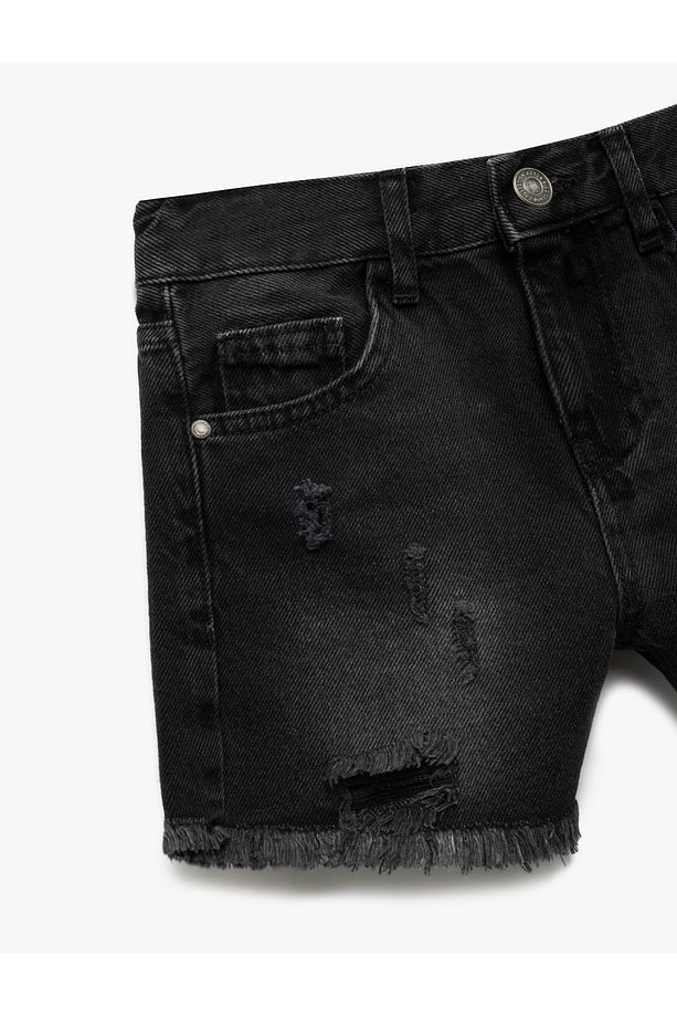 Pamuklu Cepli Yıpratılmış Detaylı Yüksek Bel Denim Şort - 3
