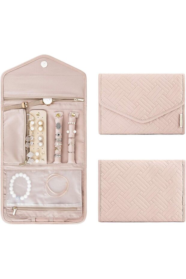Foldable Travel Jewelry Organizer Roll,Quilted Cotton Case for Rings,Necklaces,and Earrings,Soft Pink