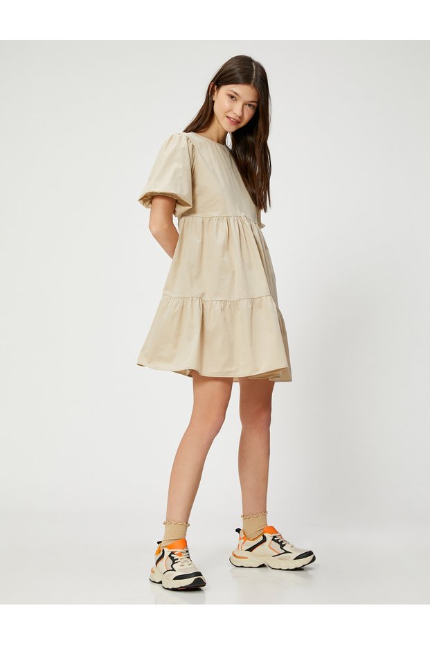 Women's Clothing Mini Dress Balloon Sleeve Flounce Crew Neck Cotton 3sal80047ıw Stone Stone