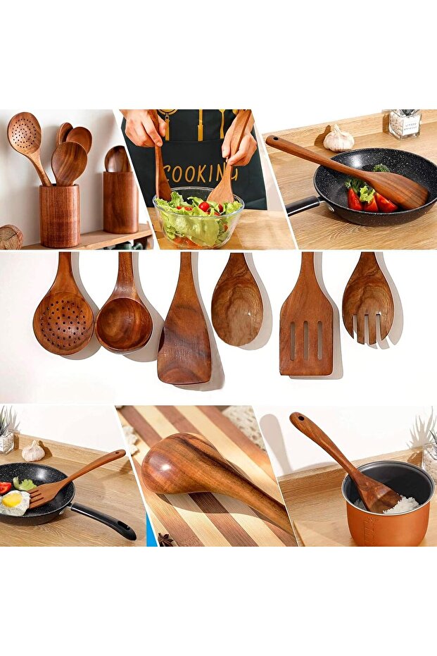 ملاعق خشبية للطبخ، 9 قطع أدوات خشبية مع حامل، أدوات خشبية للطبخ - 5