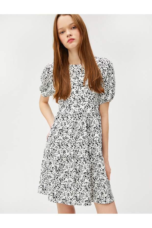 Mini Dress Balloon Sleeve Flounce Patterned Crew Neck