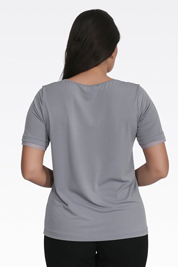 10963 GRİ TÜL DETAYLI KREP ÖRME BLUZ - 5