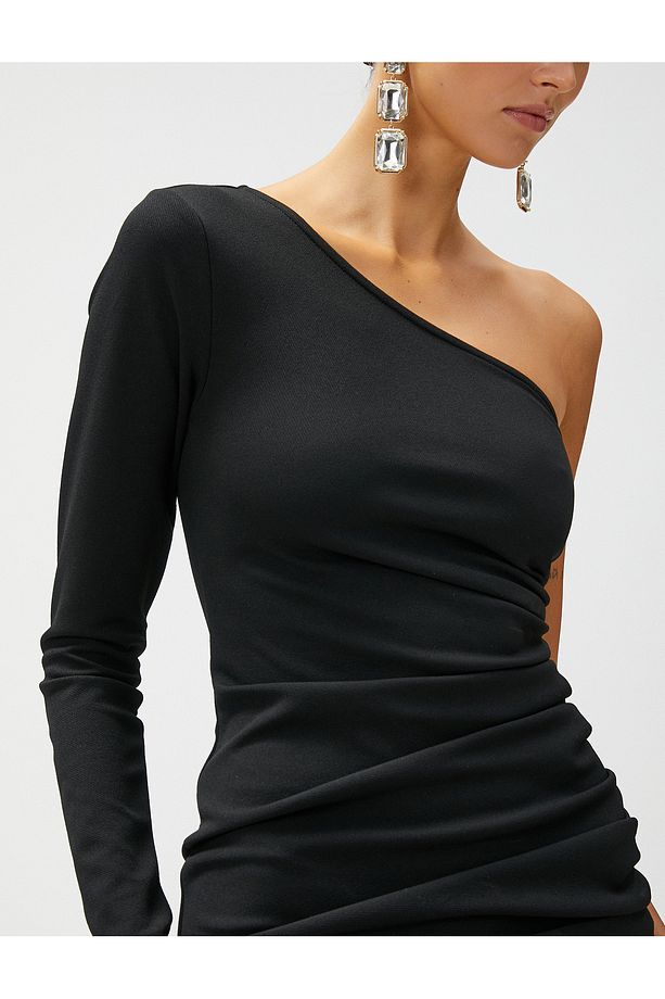 Tek Omuz Mini Elbise Drape Detaylı - 5