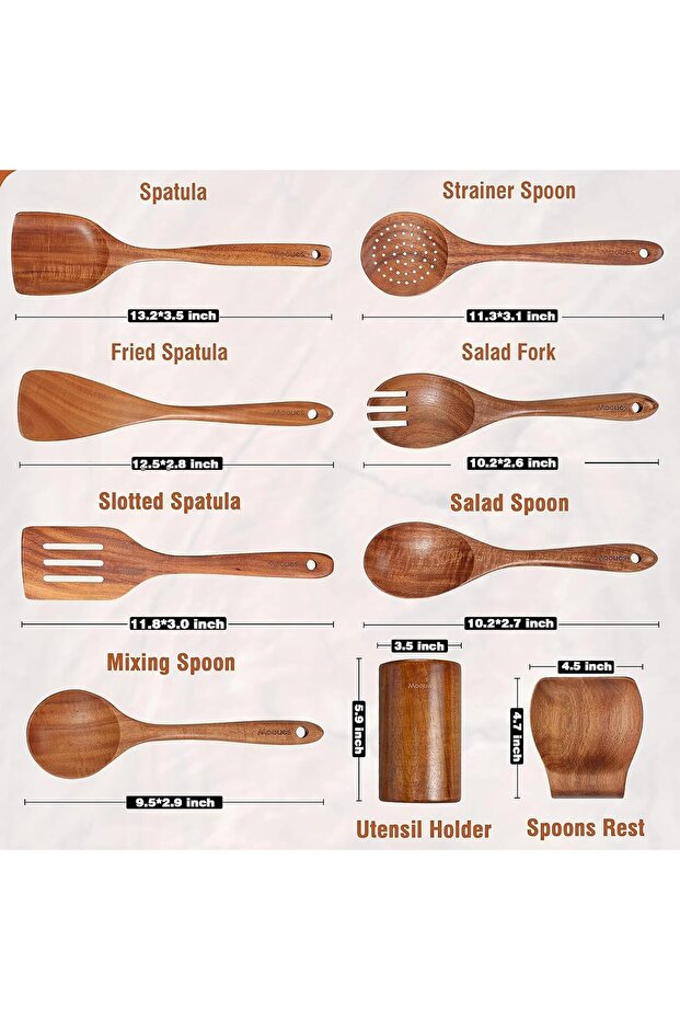 ملاعق خشبية للطبخ، 9 قطع أدوات خشبية مع حامل، أدوات خشبية للطبخ - 2