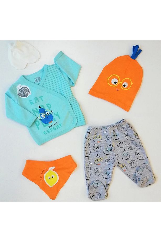 Yeni Doğan Erkek Bebek Meyve Desenli 5’li Hastane Çıkışı – %100 Pamuk Zıbın Seti, Bebek Takımı - 1