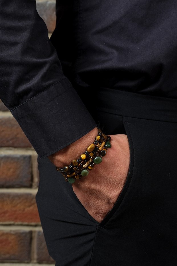 Handcrafted Natural Stone Bracelet - Certified Jasper - Tortoiseshell - Hematite - Green - Gospel Energy