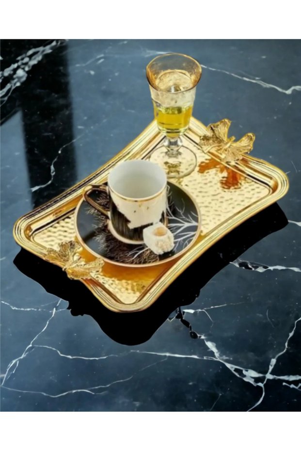 Gold Rectangular Tray Honeycomb Patterned Butterfly Detailed Gold Color Stainless Steel Tray