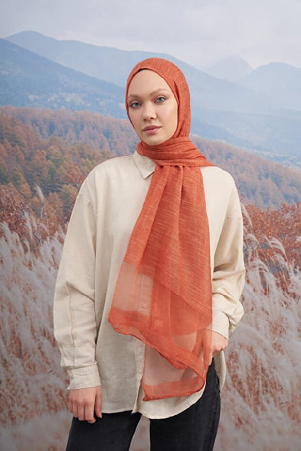İpekli Eskitme Şal - Kiremit - 1