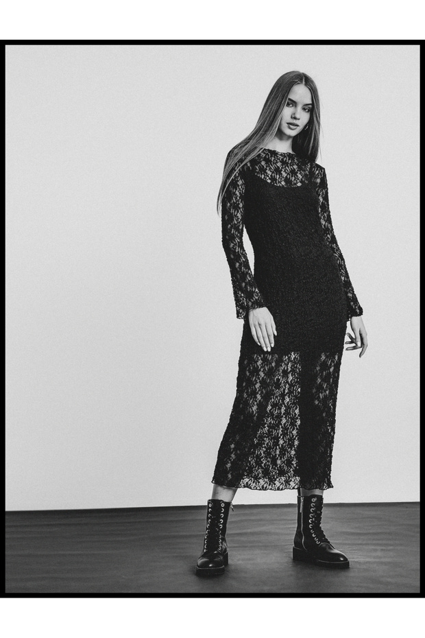 Lace Dress Midi Length Spanish Sleeve Crew Neck Lined