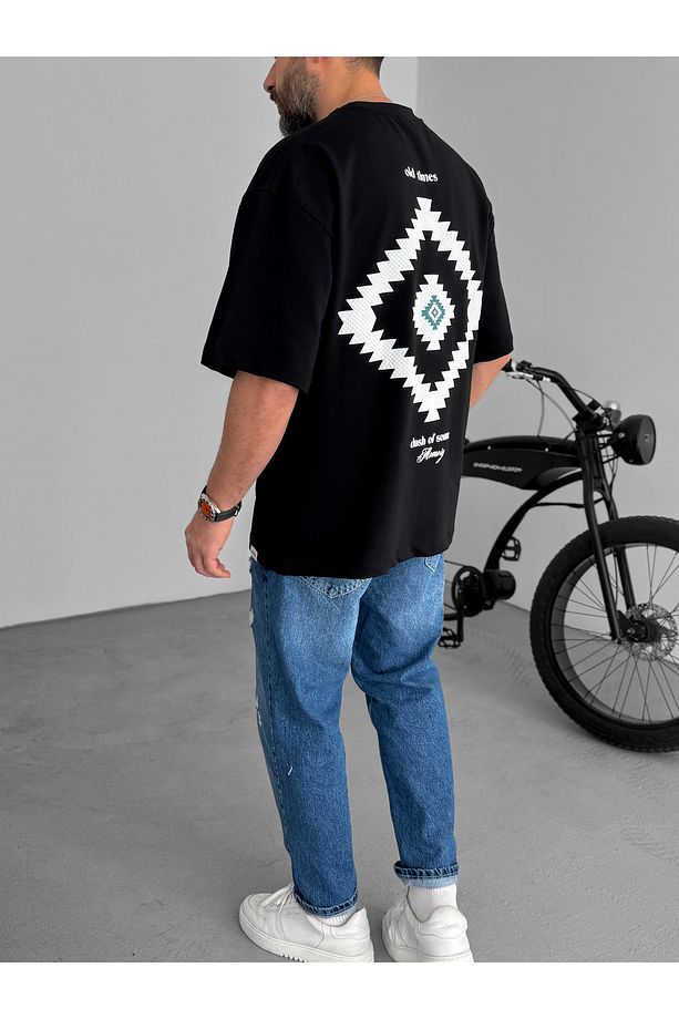 Siyah Aztek Kabartmalı Oversize T-Shirt RES-5175 - 4