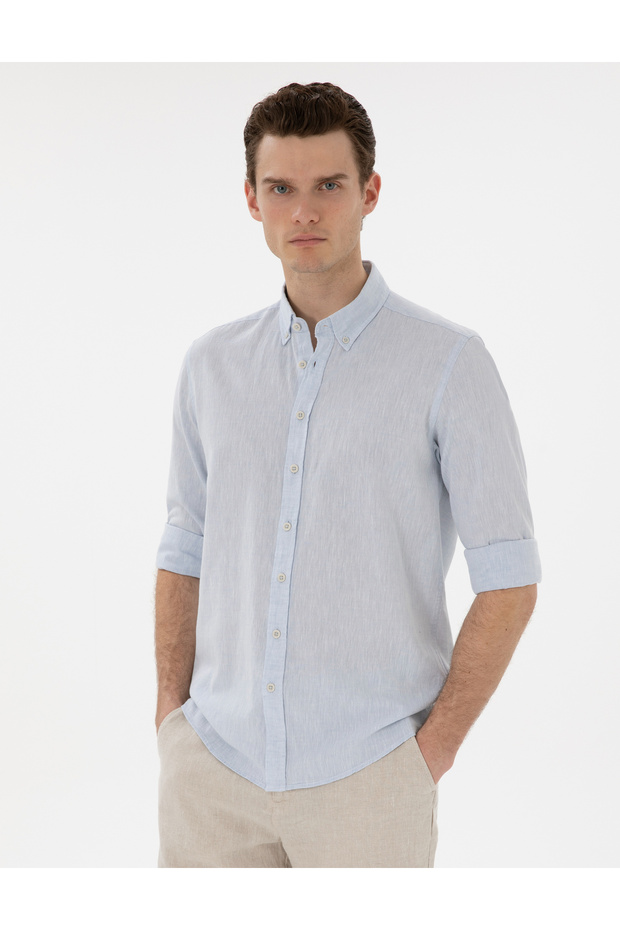 Light Blue Linen Blended Regular Fit Long Sleeve Shirt 50303245-Vr003