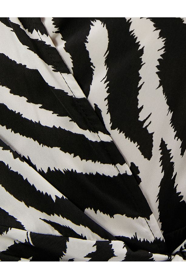 Zebra Desenli Elbise Mini Anvelop Uzun Kollu V Yaka - 7