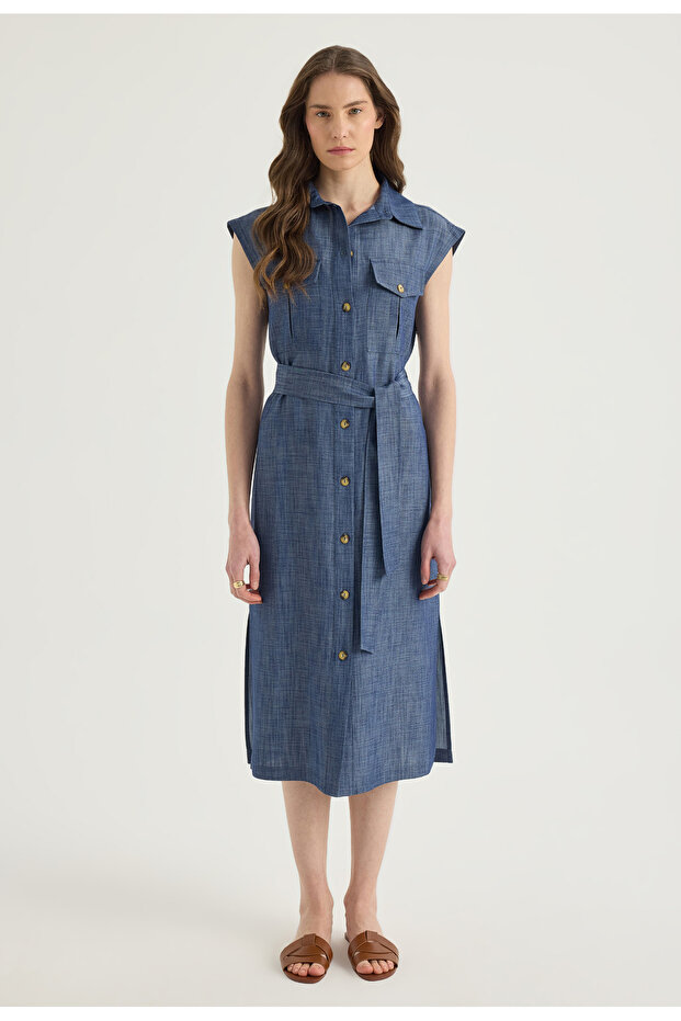 Denim Görünümlü Midi Elbise - 3