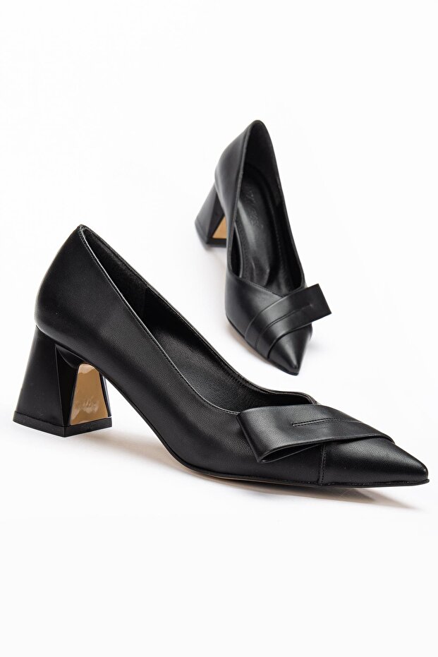 Women's Heeled Shoes Black Side Bow Thick Heeled