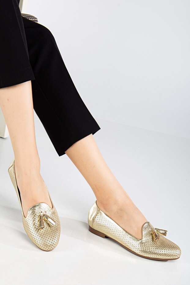 Women's genuine leather Printed tasseled ballet flat - gold