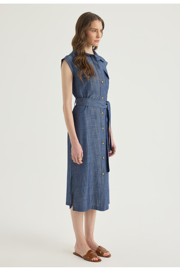 Denim Görünümlü Midi Elbise - 4